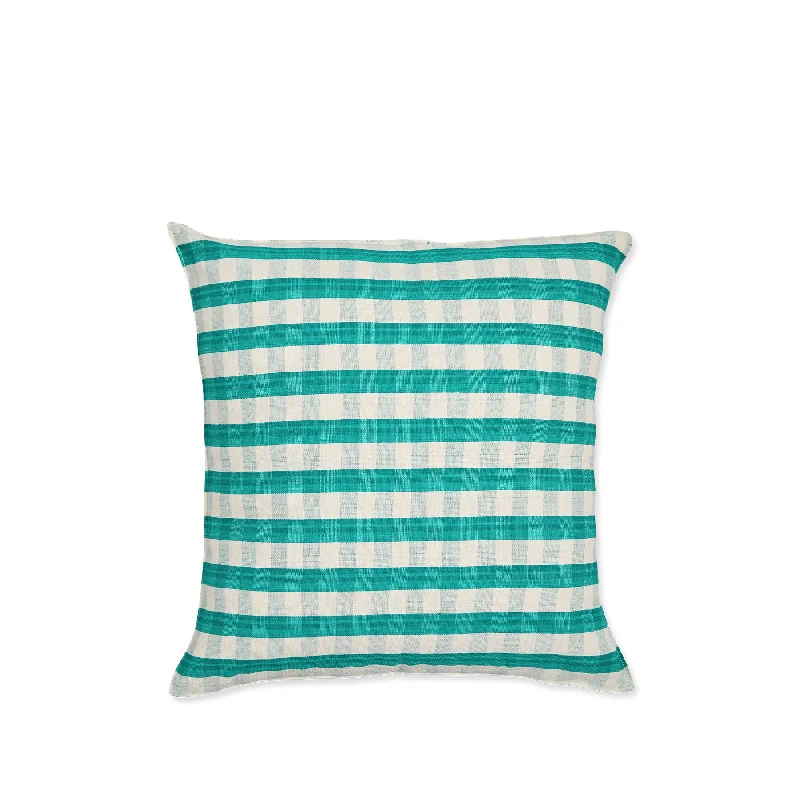 Cotton Check Square Pillow in Green & Off-White