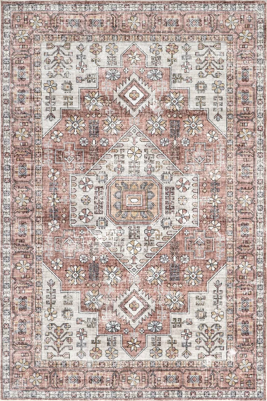 Emelie Bordered Medallion Washable Rug | Blush Pink