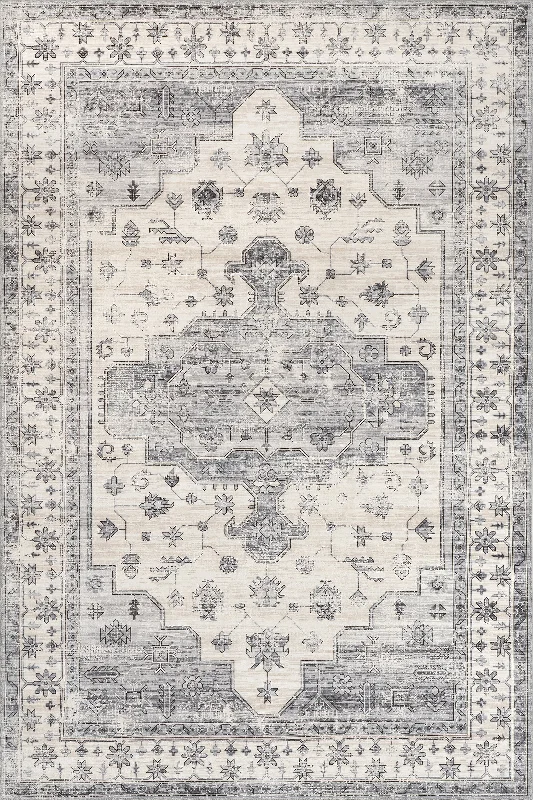 Francis Cartouche Medallion Washable Rug | Light Grey