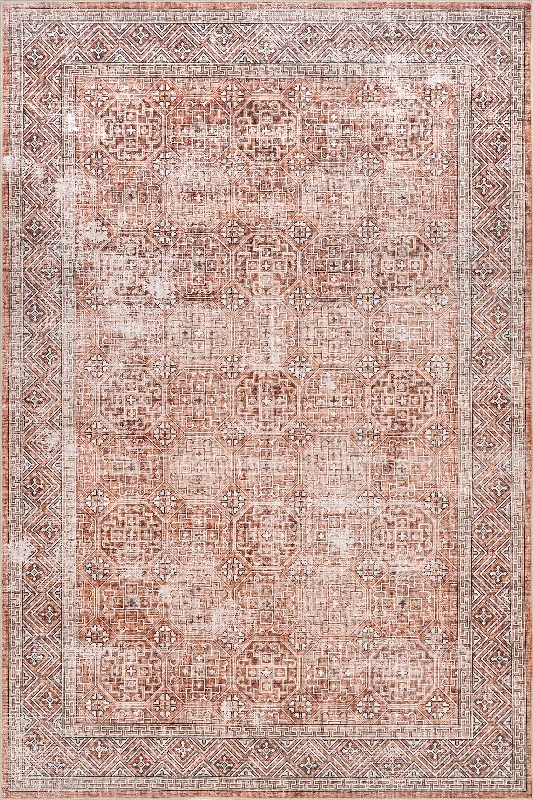 Kaylee Faded Trellis Border Spill Proof Washable Rug | Rust