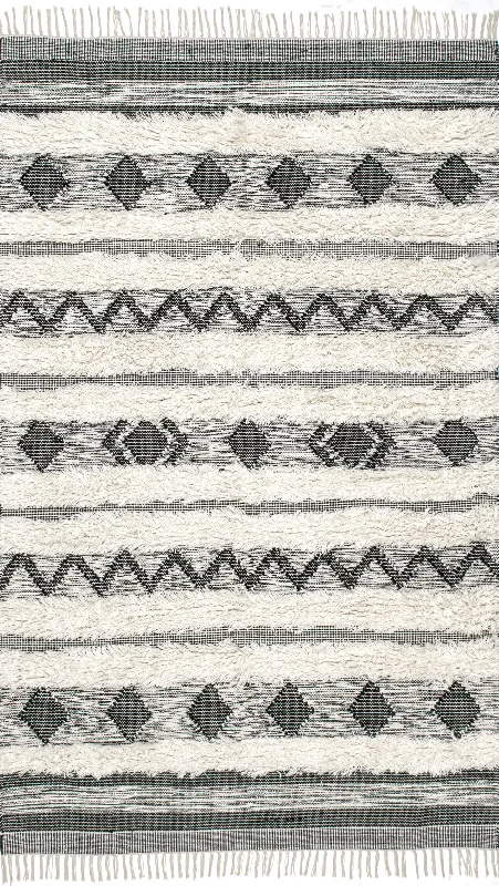 Shaggy Diamonded Stripes Rug | Black and White