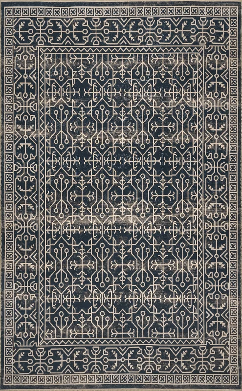 Tinsley Bordered Linework Washable Rug | Navy