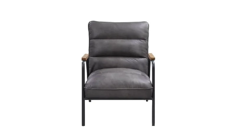 26" Gray And Black Top Grain Leather Tufted Lounge Chair