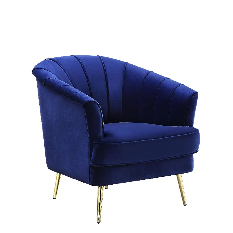 31" Blue Velvet And Gold Striped Barrel Chair