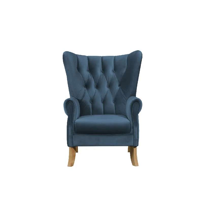 34" Azure Blue Velvet And Brown Solid Color Wingback Chair