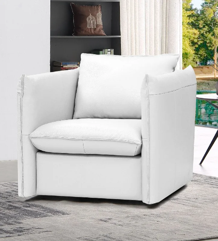 36" White Genuine Leather And Silver Swivel Accent Chair