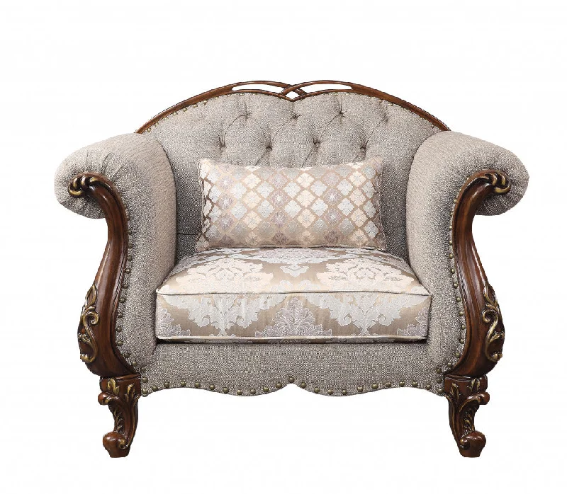 48" Beige Fabric And Cherry Floral Arm Chair