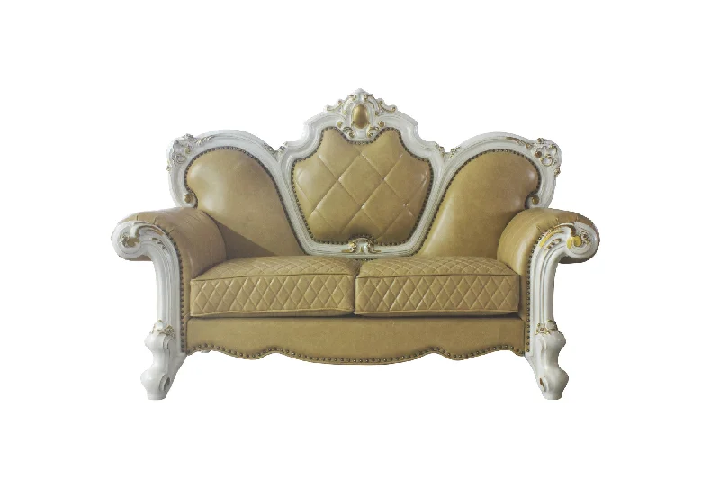 70" Golden Yellow And Pearl Faux Leather Loveseat and Toss Pillows