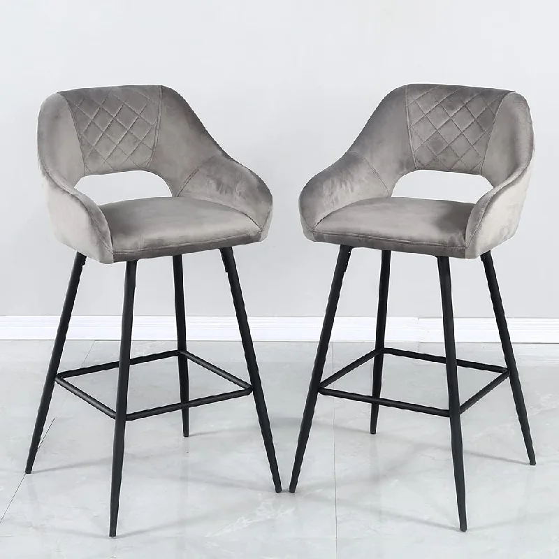 Set of Two 27" Gray And Black Velvet And Iron Low Back Counter Height Bar Chairs