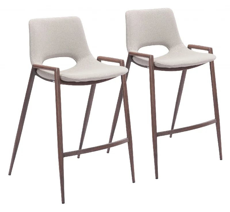 Set of Two 26 " Beige And Brown Steel Low Back Counter Height Bar Chairs