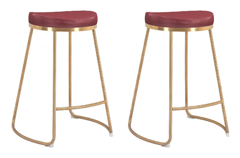 Set of Two 26" Red And Gold Stainless Steel Backless Counter Height Bar Chairs