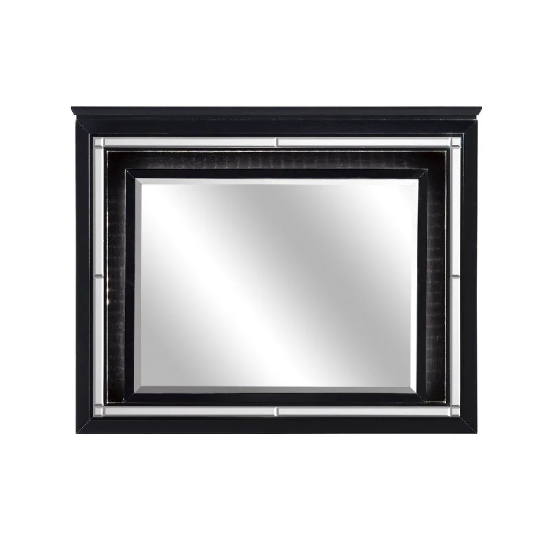 Benzara Contemporary Style Beveled Edge Mirror with LED Light, Black and Silver