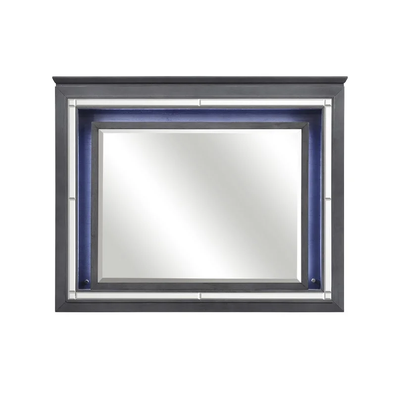 Benzara Contemporary Style Beveled Edge Mirror with LED Light, Gray and Silver