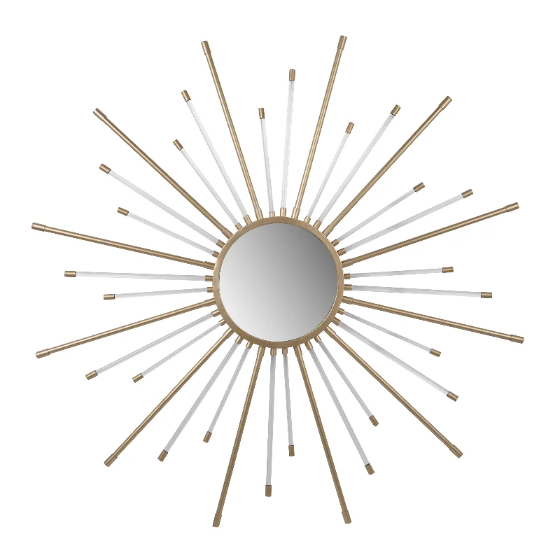 Benzara Iron Mirror with Sparkled Sunburst Design, Large, White and Gold