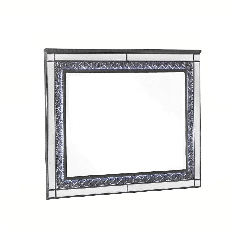 Benzara LED Trim Wooden Frame Mirror with Diamond Pattern, Gray and Silver