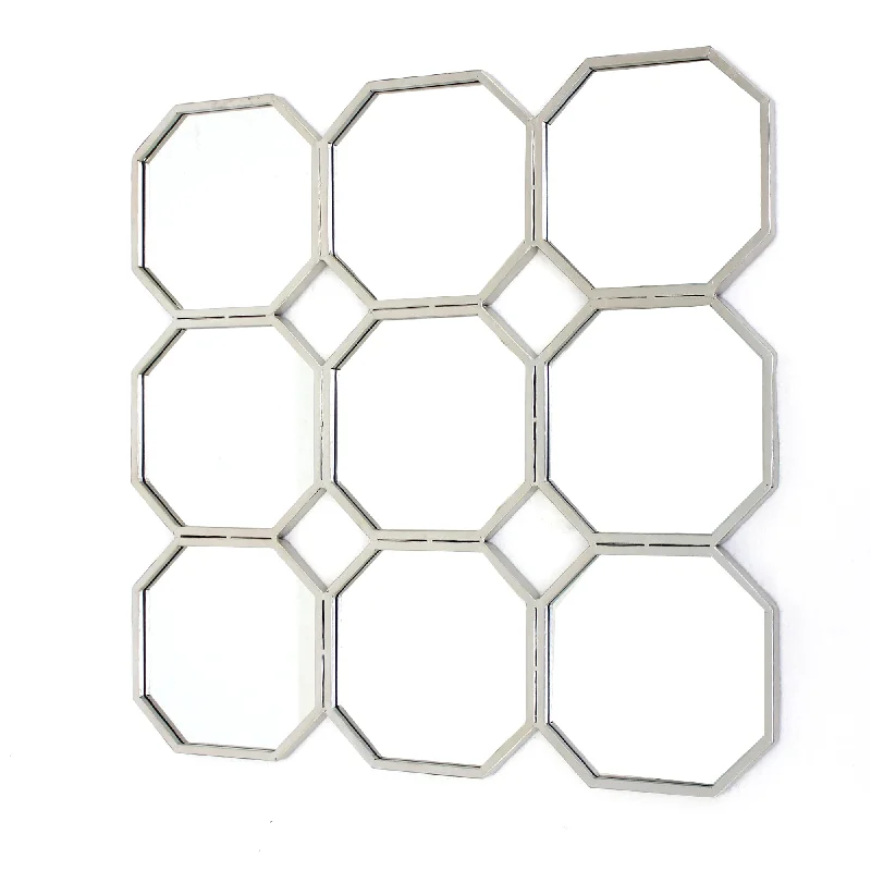 Benzara Metal Wall Mirror with Nine Connected Octagonal Mirror Shapes, Silver