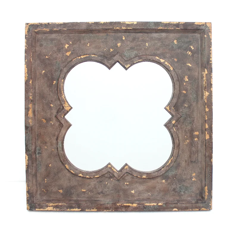 Benzara Quatrefoil Pattern Wood Mirror with Distressed Finish, Silver and Brown