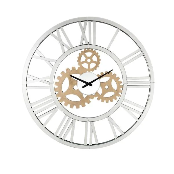 Benzara Round Mirror Panel Open Frame Wall Clock with Gear Design, Silver