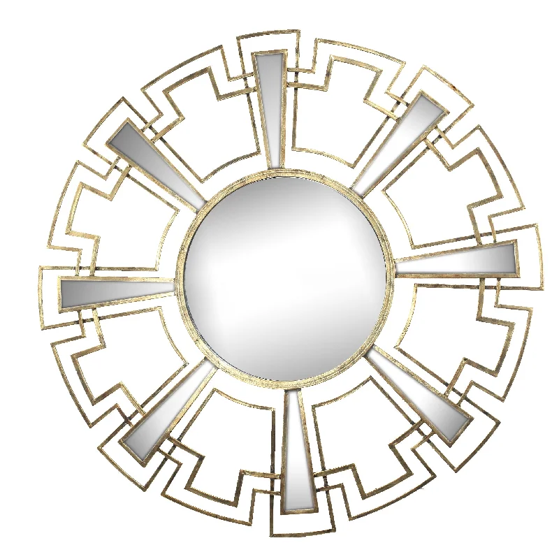 Benzara Round Sunburst Wall Mirror with Geometric Design Metal Frame, Gold