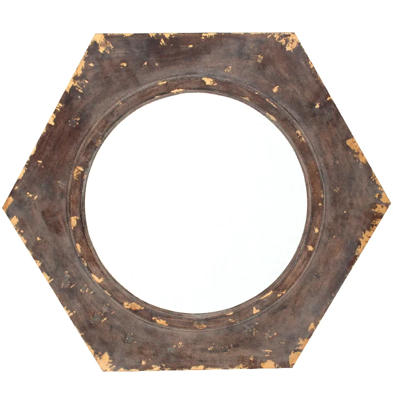 Benzara Rustic Style Wooden Wall Mirror with Hexagonal Frame, Silver and Brown