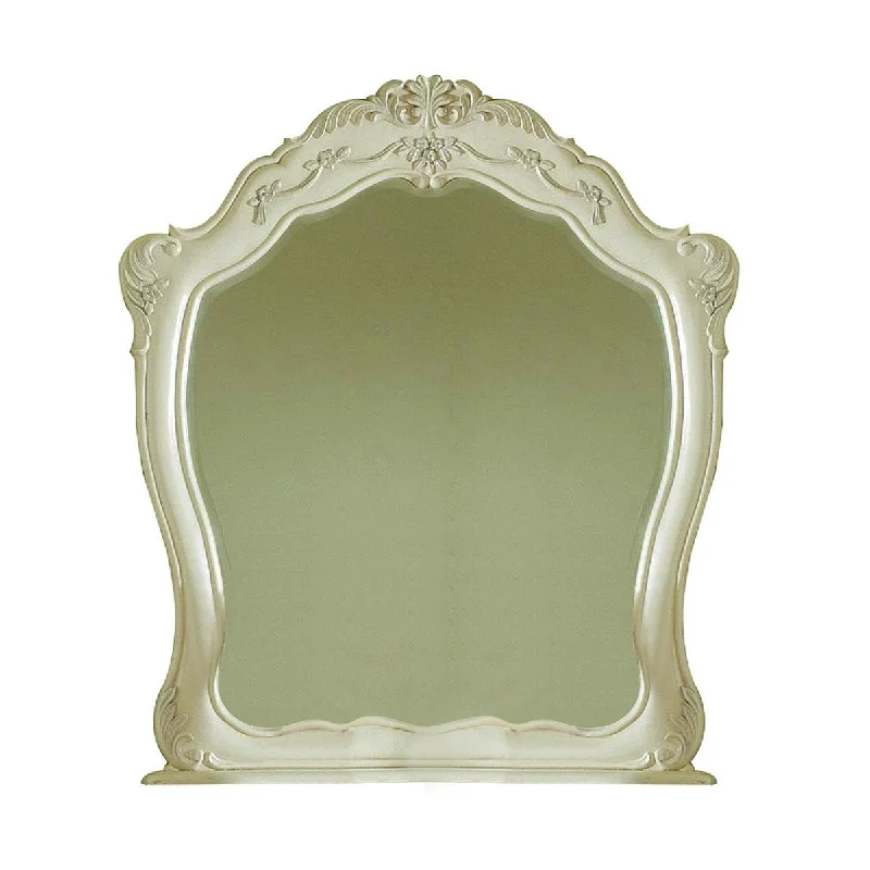 Benzara Transitional Arch Shape Wooden Frame Mirror with Carved Details, White