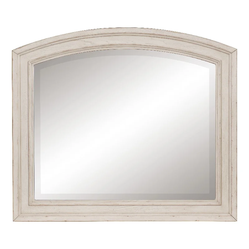 Benzara Wooden BevelLed Mirror with Raised Edges and Curved Top, Antique White