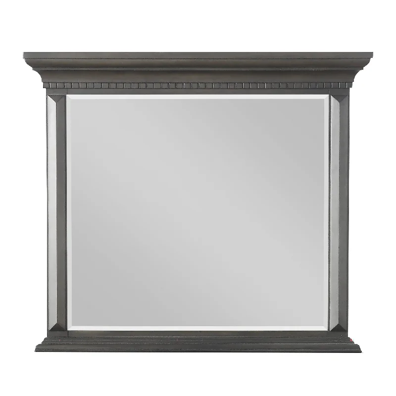 Benzara Wooden Mirror with Raised Edges and BevelLed Top, Gray